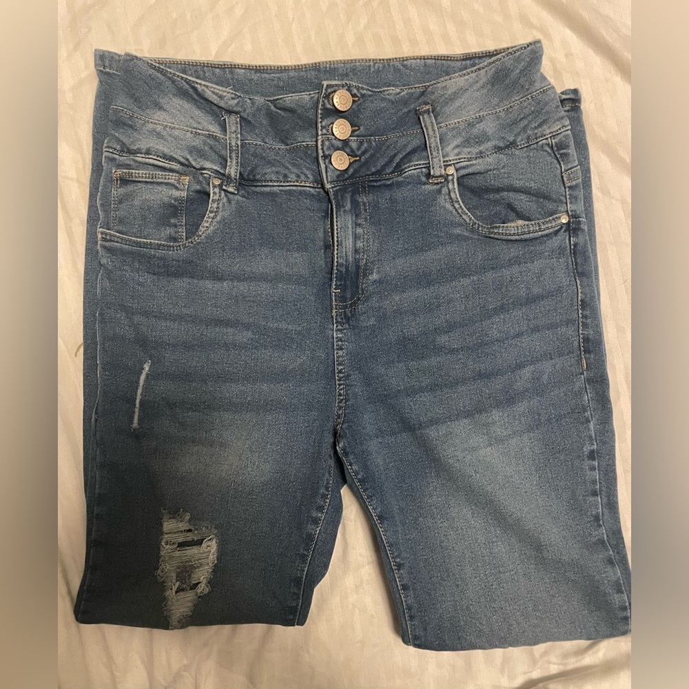Stylish Blue Distressed Skinny Jeans high waisted - Picture 3 of 5